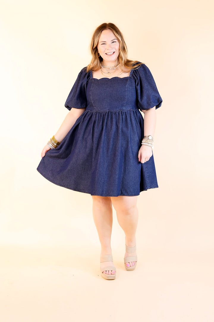 Southern Belle Short Puff Sleeve Denim Dress with Scalloped Square Neckline in Dark Wash