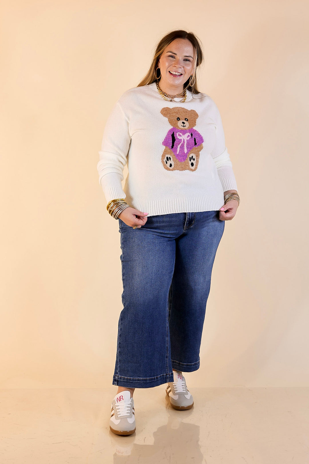 Simply Southern | Finest Touch Crewneck Sweater with Bow Teddy Bear Graphic in Cream