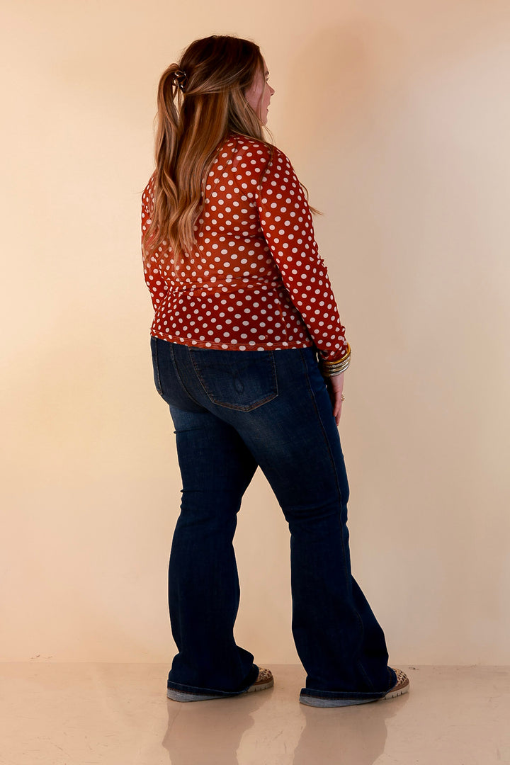 The Perfect Layer White Polka Dot Print Sheer Mesh Long Sleeve Top in Rust Orange