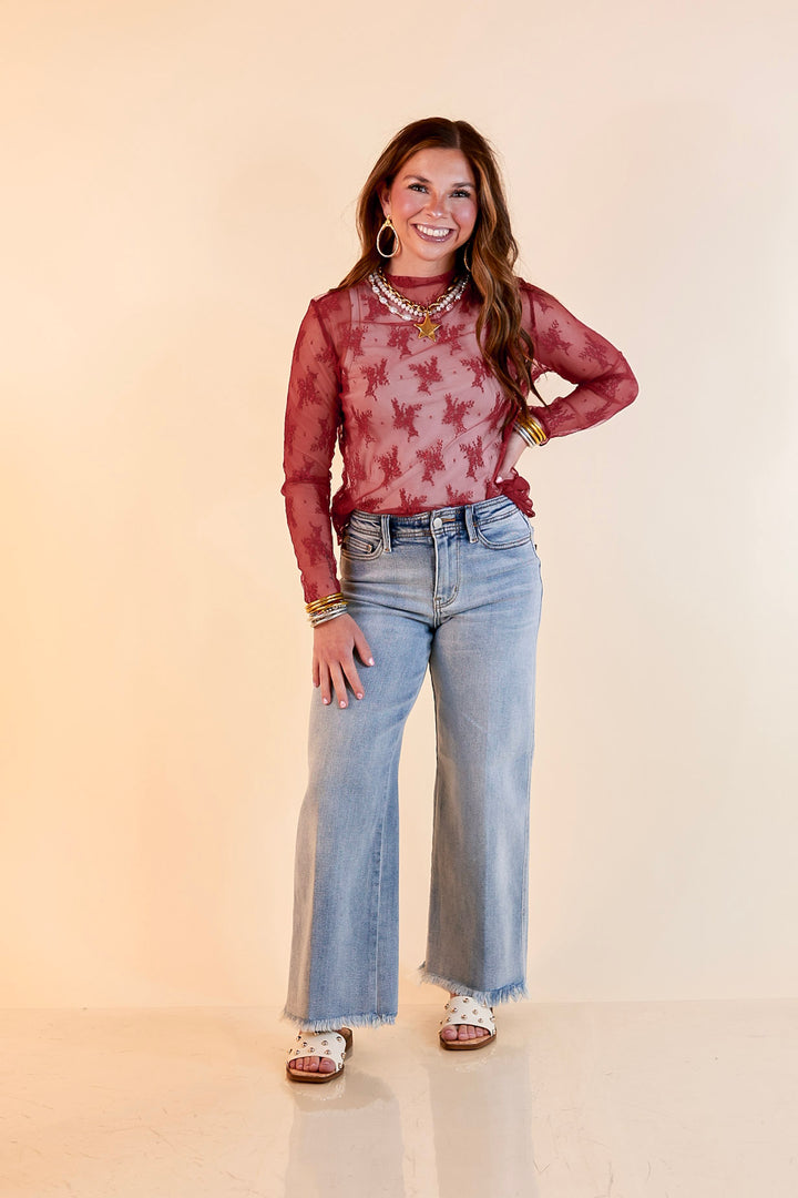 Delicate Charm Long Sleeve Sheer Lace Top with Mock Neck in Maroon