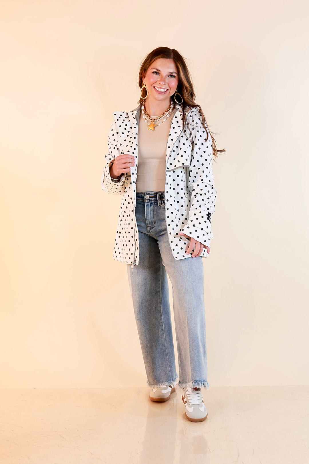 Lulu Mac | Chic Forecast Black Polka Dot Hooded Rain Jacket in Ivory