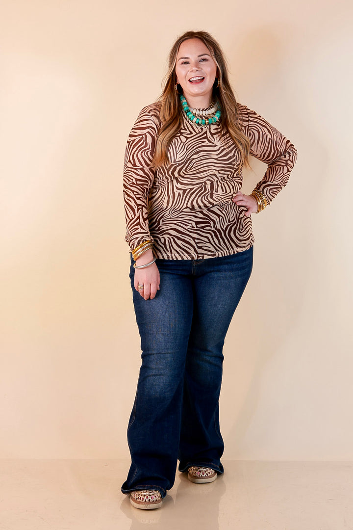The Perfect Layer Zebra Print Sheer Mesh Long Sleeve Top in Chocolate Brown and Ivory