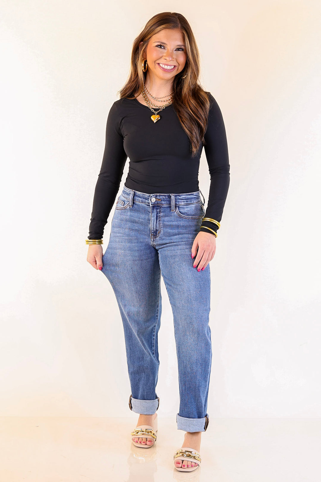 Judy Blue | Simple Sophistication Classic Cuffed Boyfriend Denim Jeans in Medium Wash