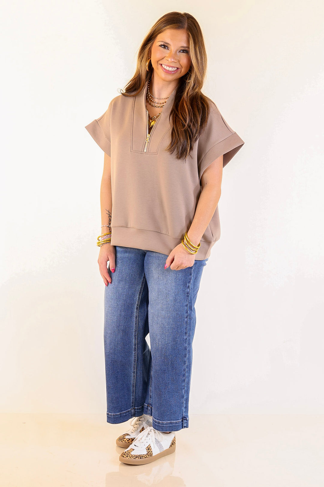 Top Priority Half Zip Collared Scuba Top in Light Taupe