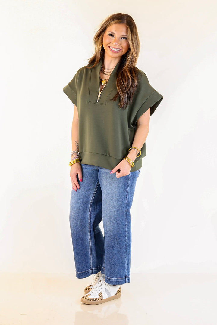 Top Priority Half Zip Collared Scuba Top in Olive Green