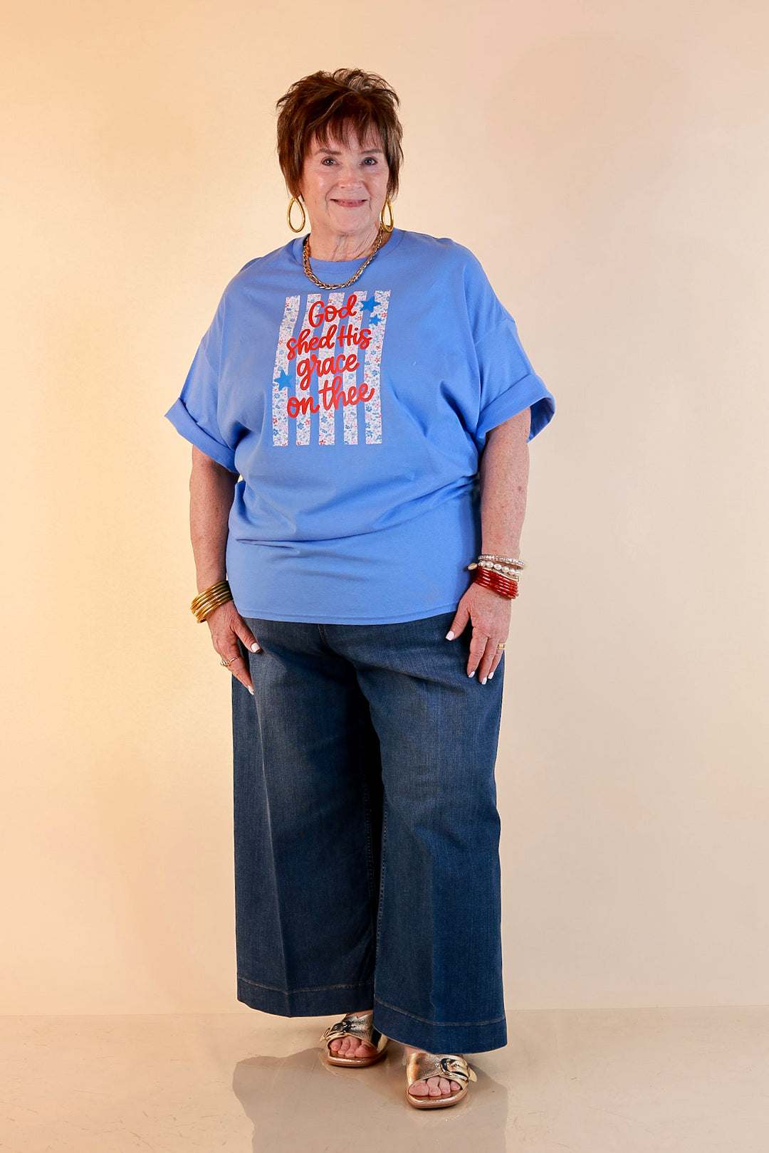 Grace Upon Grace Short Sleeve Graphic Tee with Floral Detailing in Sky Blue