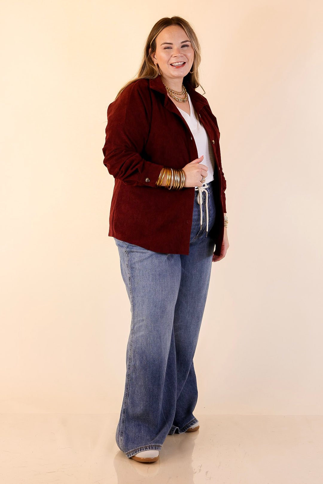 Captivating Cuteness Corduroy Button Up Shacket in Maroon