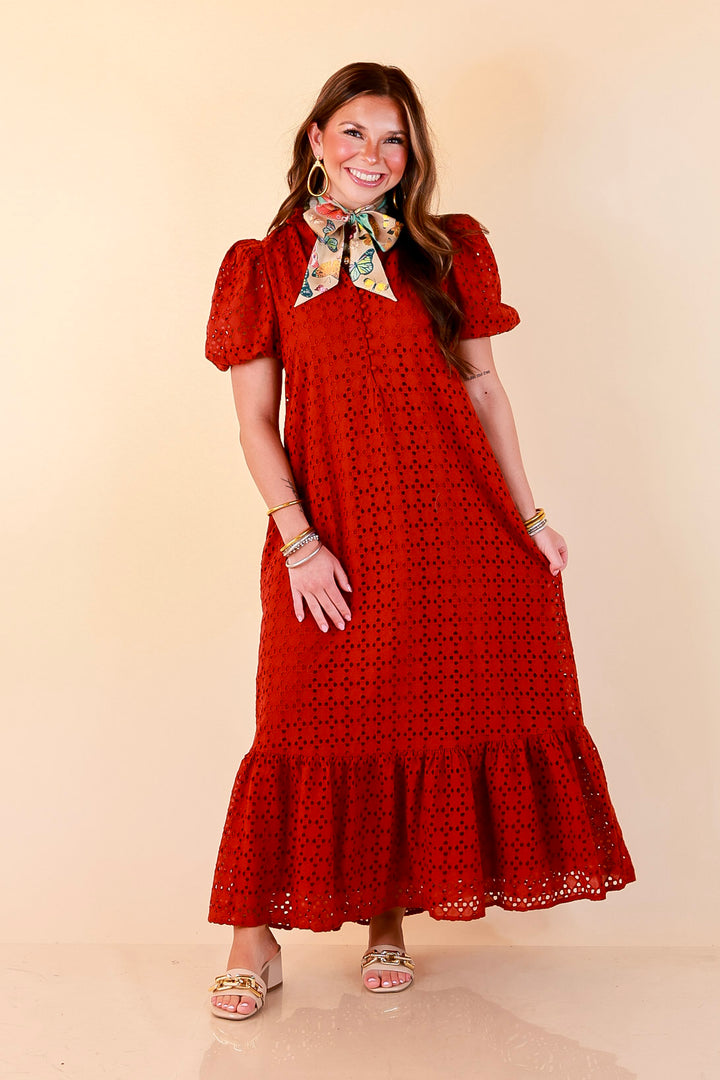 Meet Me at Sunset Eyelet Lace Puff Sleeve Tiered Maxi Dress in Rust Red