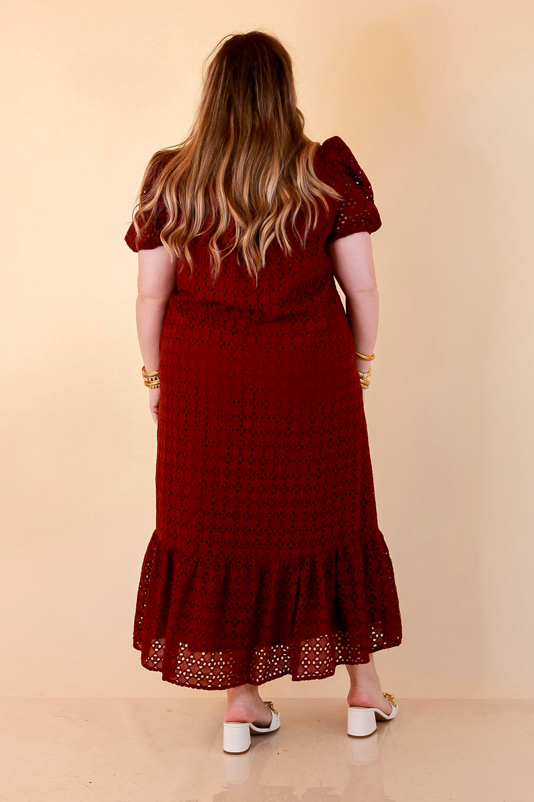 Meet Me at Sunset Eyelet Lace Puff Sleeve Tiered Maxi Dress in Maroon