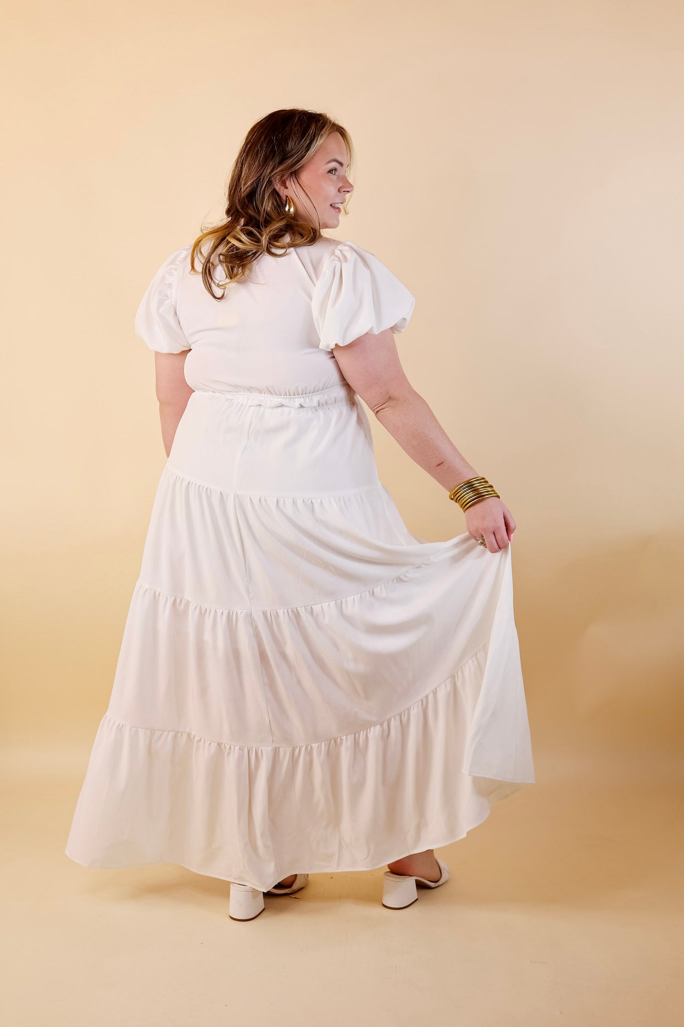 Table for Two Tiered Maxi Dress with Puff Sleeves in White - Giddy Up Glamour Boutique