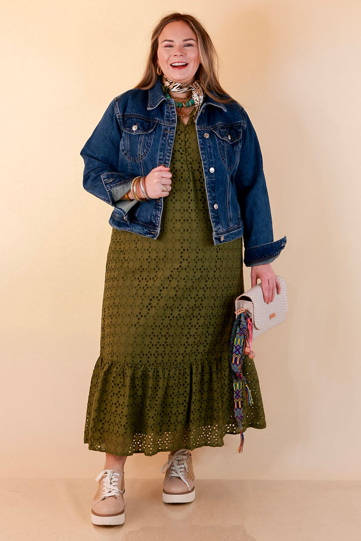 Meet Me at Sunset Eyelet Lace Puff Sleeve Tiered Maxi Dress in Olive Green