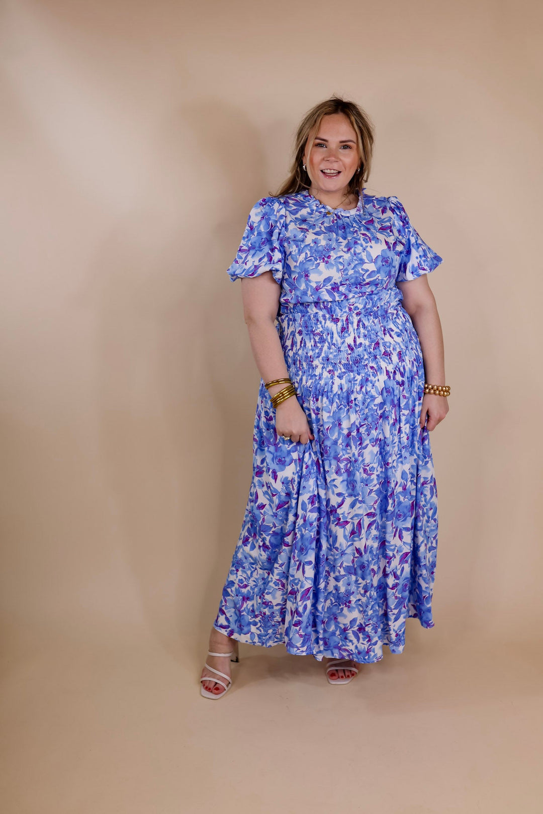 Moonlit Bay Floral High Neck Maxi dress with Smocked Waistline in Blue - Giddy Up Glamour Boutique