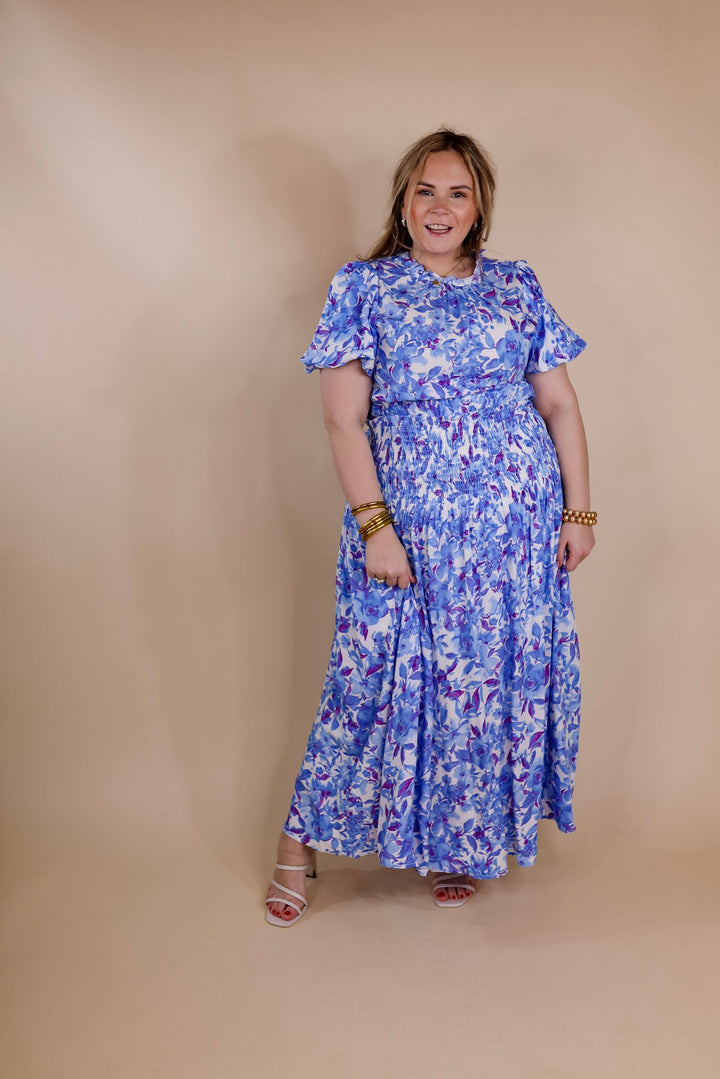 Moonlit Bay Floral High Neck Maxi dress with Smocked Waistline in Blue - Giddy Up Glamour Boutique