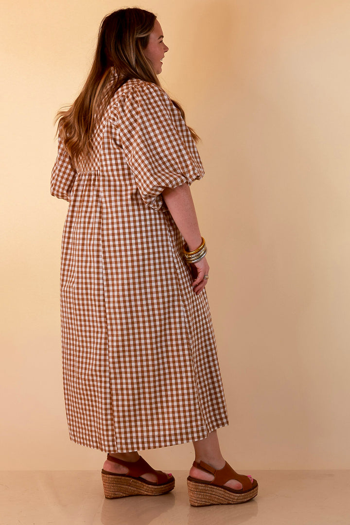 All Eyes on You Smocked Yoke Puff Sleeve Gingham Print Maxi Dress in Camel Brown and Ivory