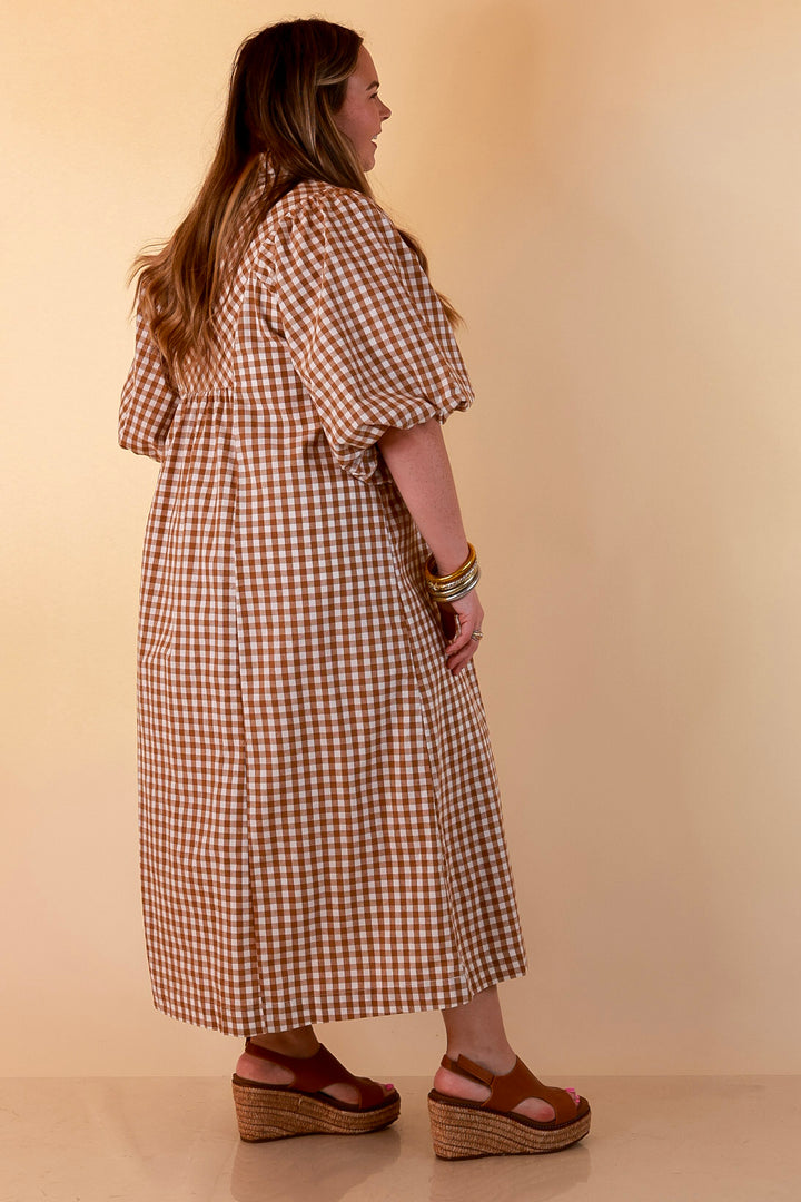 All Eyes on You Smocked Yoke Puff Sleeve Gingham Print Maxi Dress in Camel Brown and Ivory