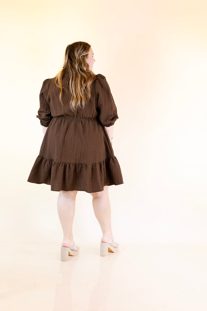 Call Me Captivating Dress with Smocked Waist and Long Sleeves Sleeves in Chocolate Brown
