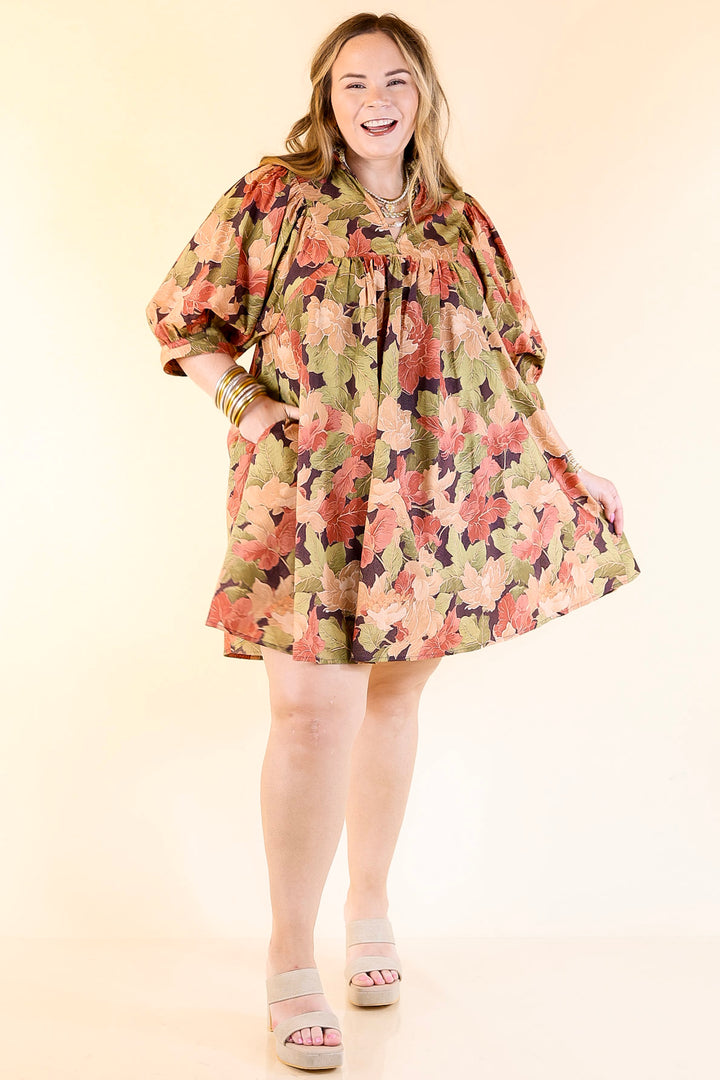 Endless Possibilities Floral Babydoll Dress with Puff Sleeves in Beige, Navy and Rust
