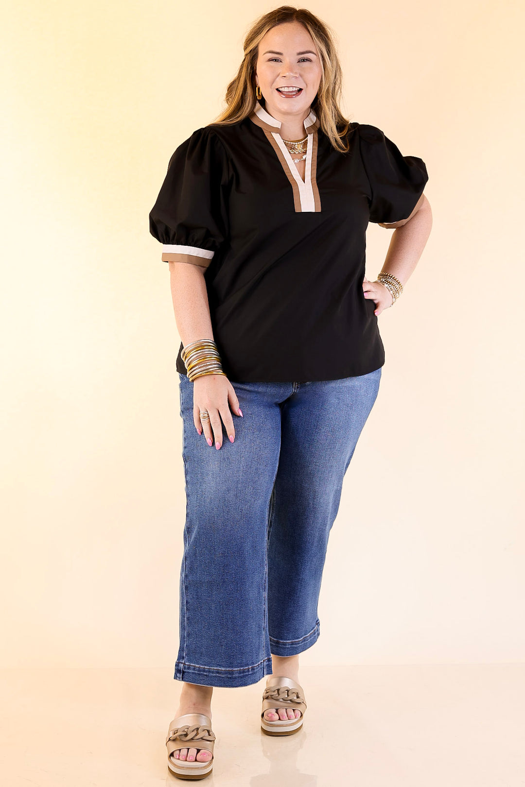 Standout Style V Neck Top with Short Balloon Sleeves and Natural Color Trim in Black