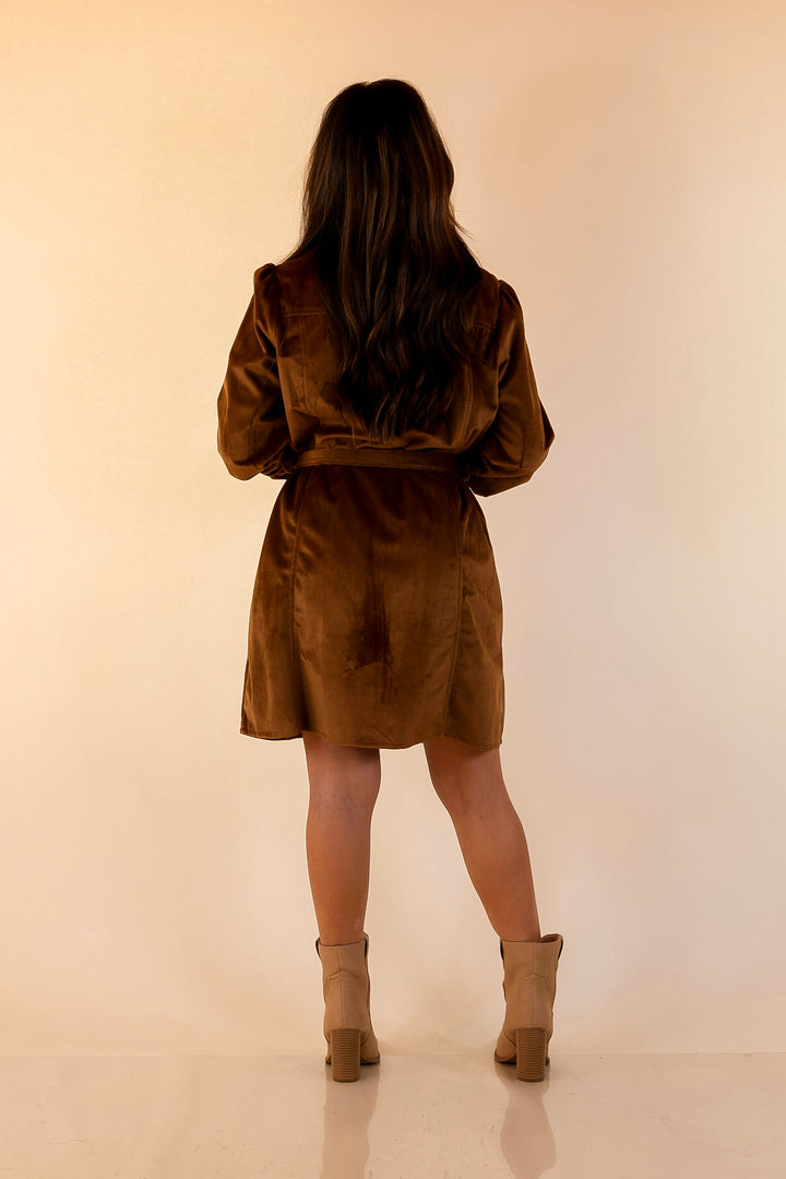 Free And Flirty Suede Button Up Dress with Waist Tie in Camel Brown