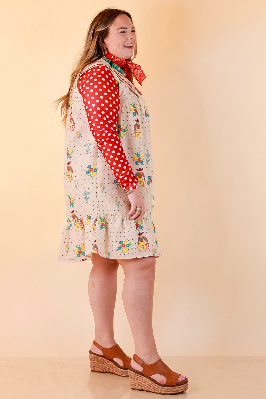 The Showstopper Sleeveless Pearl Snap Cowboy, Floral and Polka Dot Print Ruffle Dress with Sailor Collar and Cowboy Embroidery in Cream