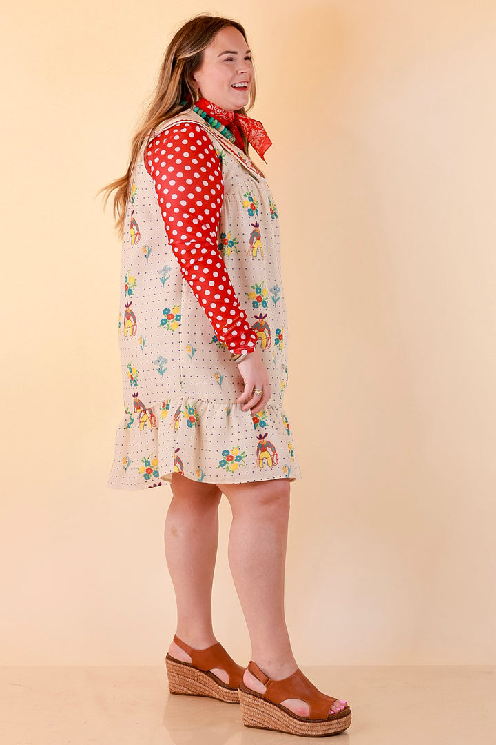 The Showstopper Sleeveless Pearl Snap Cowboy, Floral and Polka Dot Print Ruffle Dress with Sailor Collar and Cowboy Embroidery in Cream