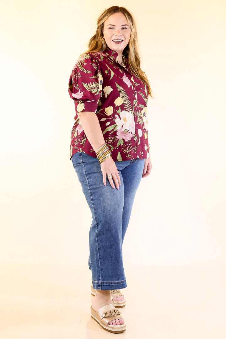 First Glance Button Up Puff Sleeve Floral Print Top in Maroon