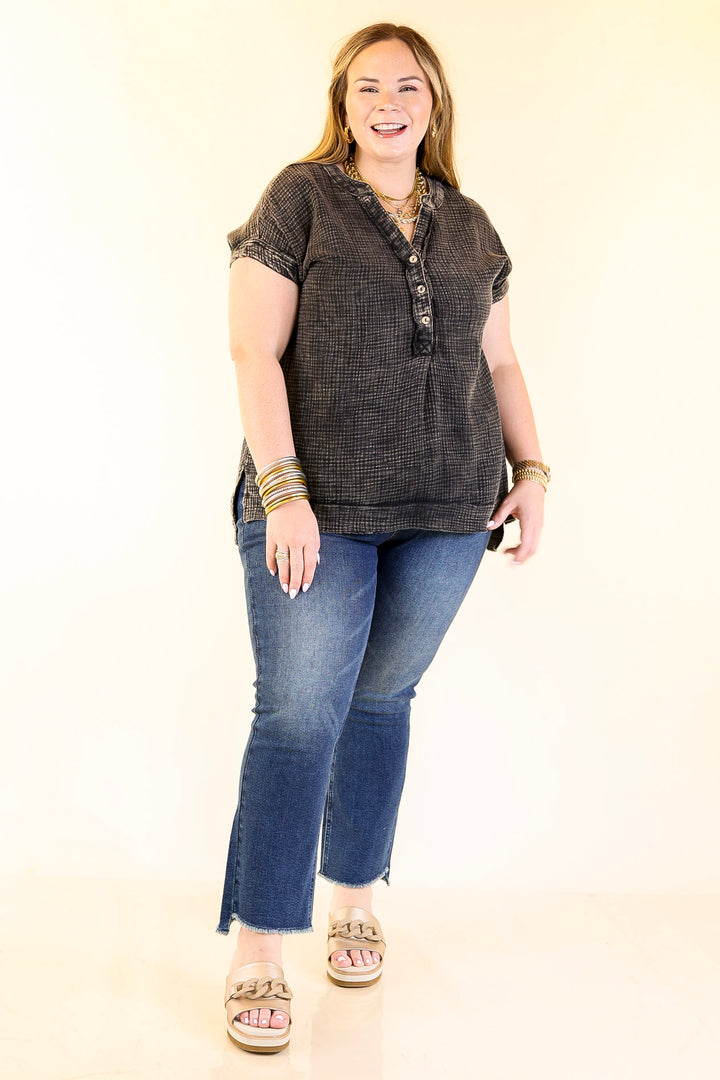 Simple Statement Quarter Button Up Short Drop Sleeve Shirt in Black