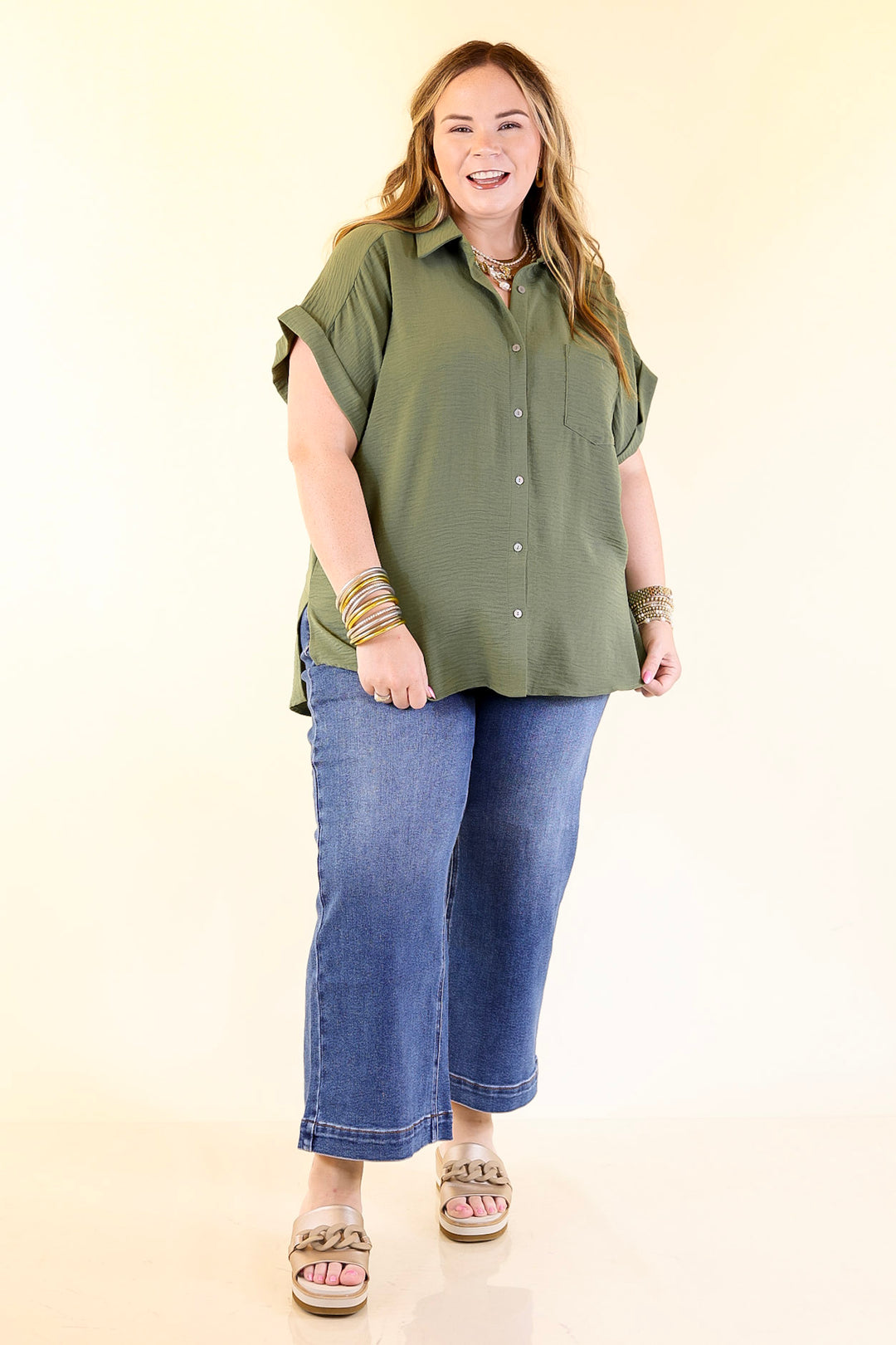 Timeless Appeal Collared Button Up Top in Olive Green