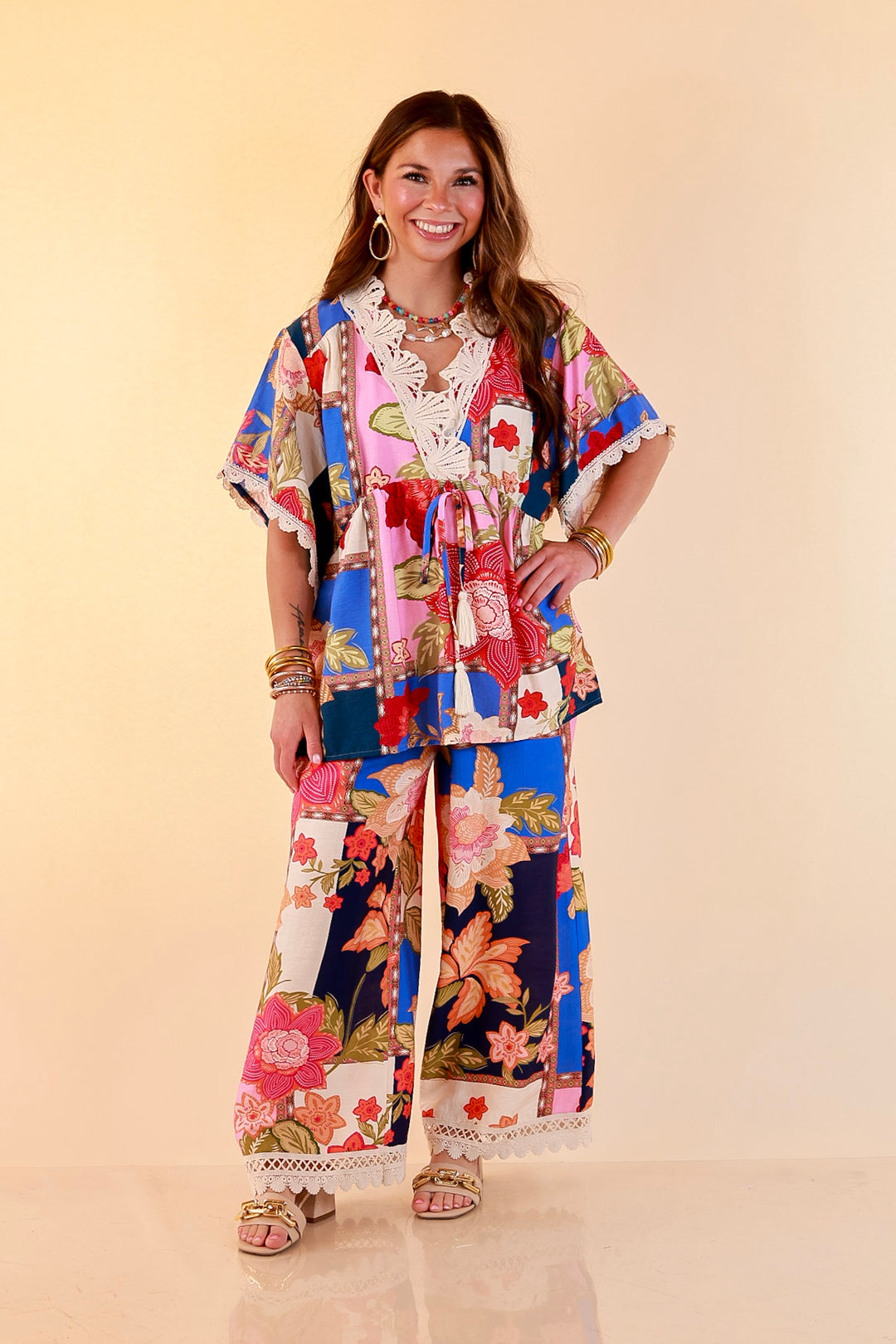 Patchwork Flair Floral Patchwork Print Wide Leg Pants with Lace Trim in Blue Mix