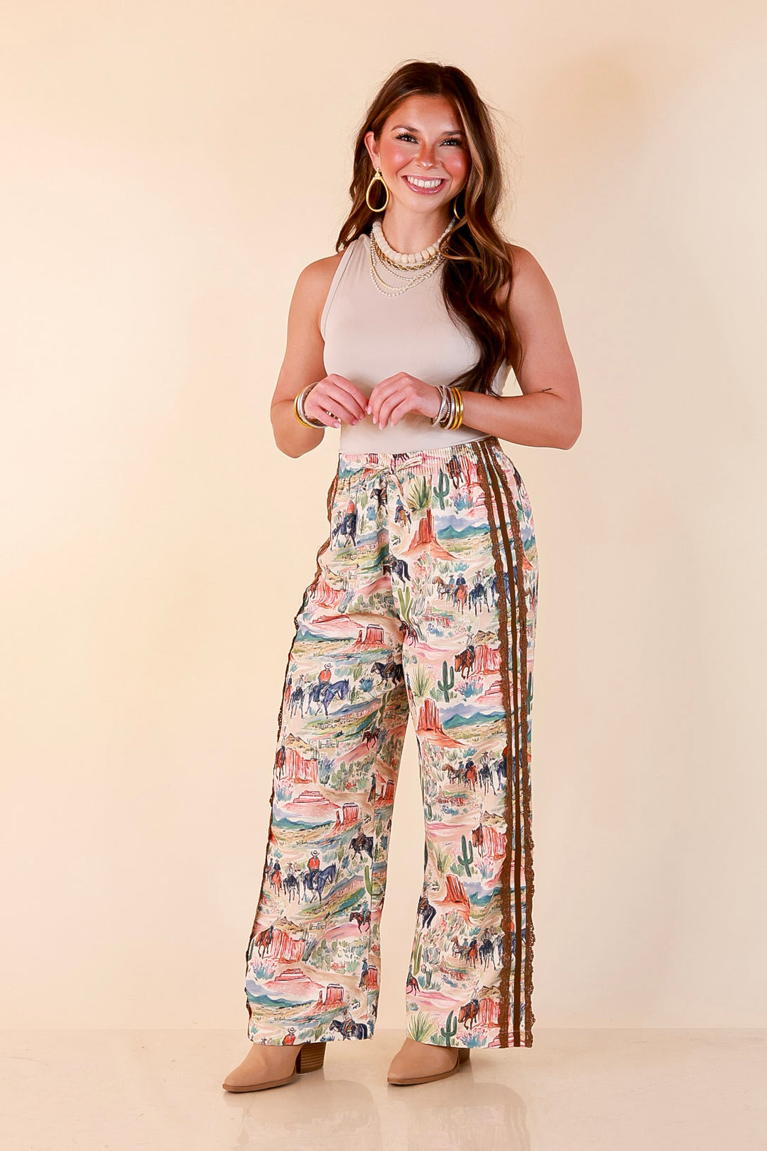 Adventure Awaits Western Scenic Print Wide Leg Drawstring Pants with Elastic Waistband in Brown, Blue and Clay
