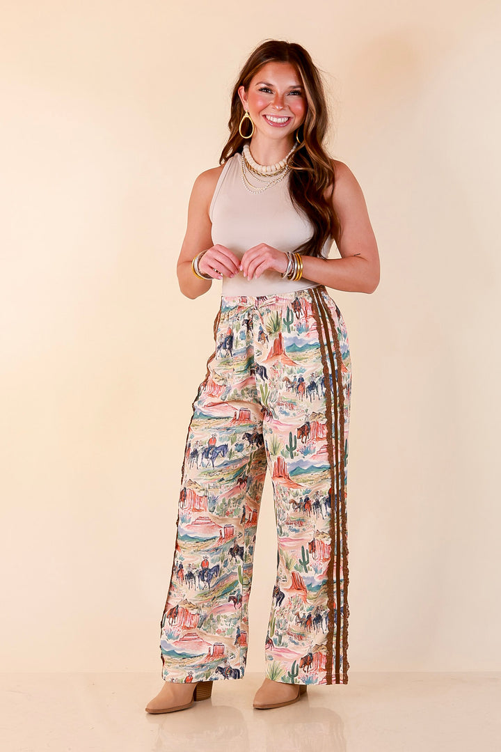 Adventure Awaits Western Scenic Print Wide Leg Drawstring Pants with Elastic Waistband in Brown, Blue and Clay