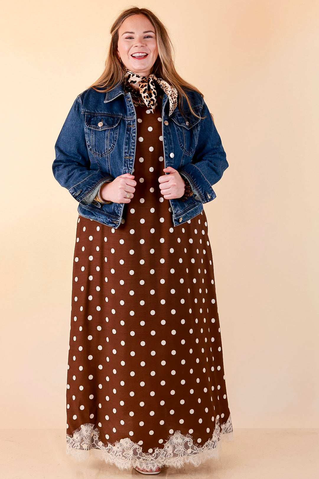Sweet Little Something Polka Dot Sleeveless Maxi Dress with Lace Trim in Chocolate Brown