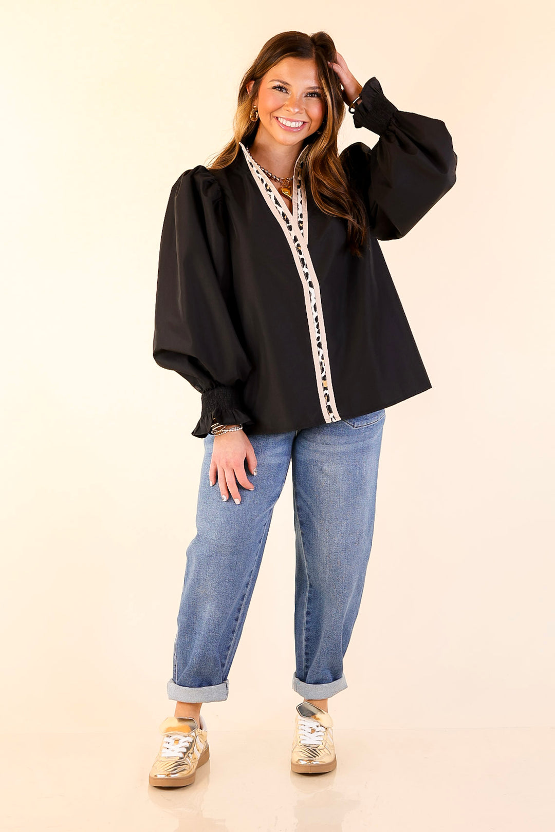 Trimmed in Style Puff Long Sleeve Blouse with Contrast Leopard Trim and Ruffle in Black