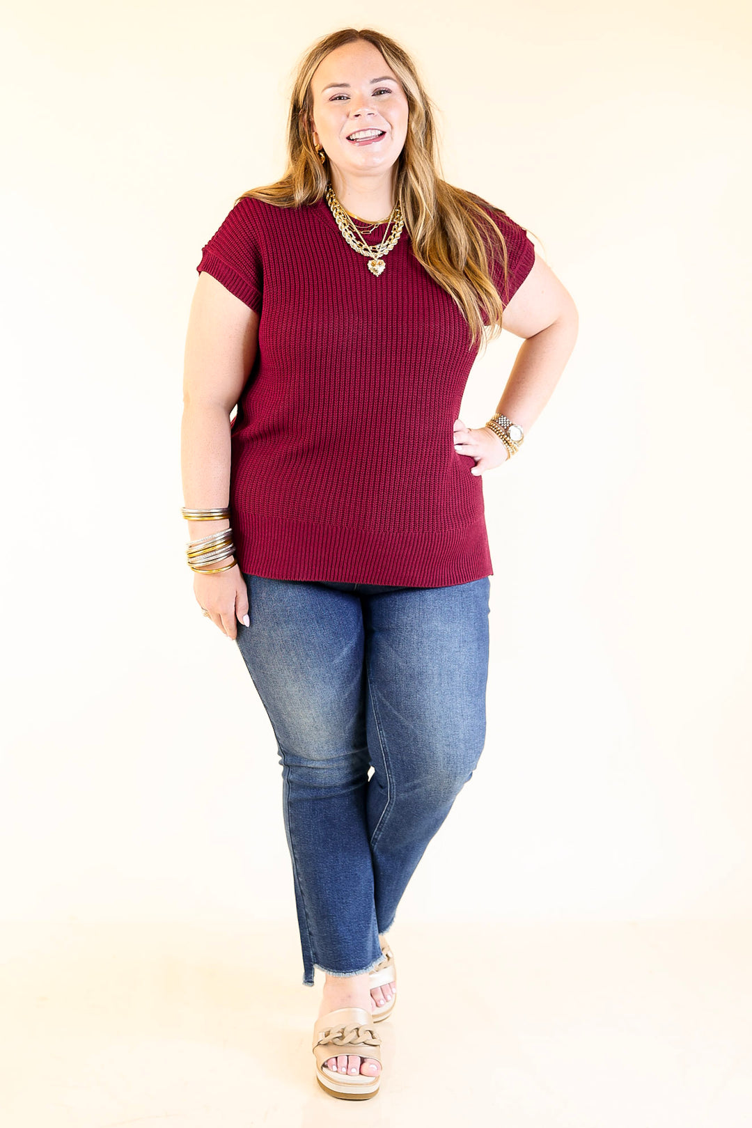 Style Refresh Drop Shoulder Short Sleeve Knit Sweater Top in Maroon