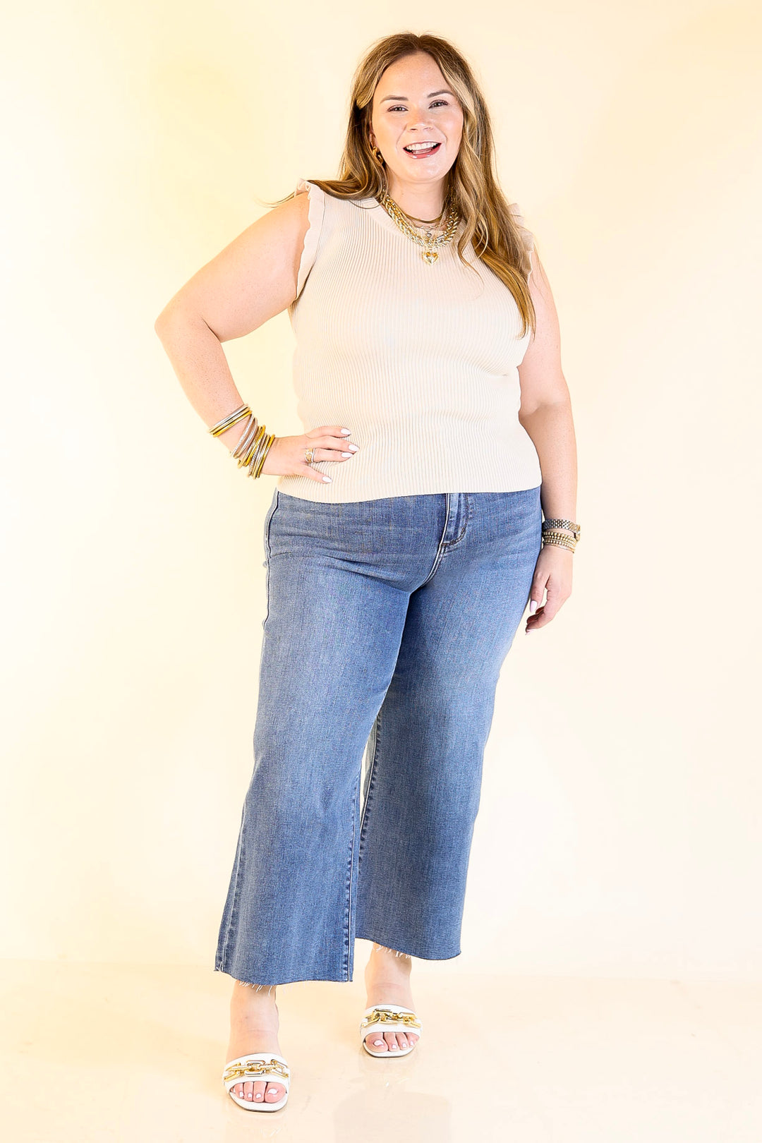 Flirty Frill Scoop Neck Top with Ruffle Sleeves in Ivory