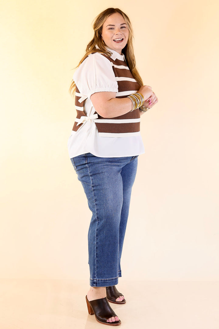 Tied Up in Style Knit Sweater with Side Ties in Chocolate Brown with Off White Stripes