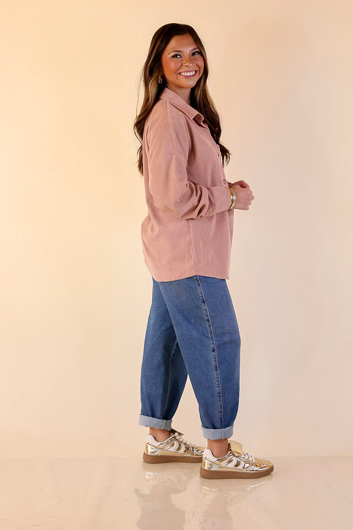 Captivating Cuteness Corduroy Button Up Shacket in Mauve Pink
