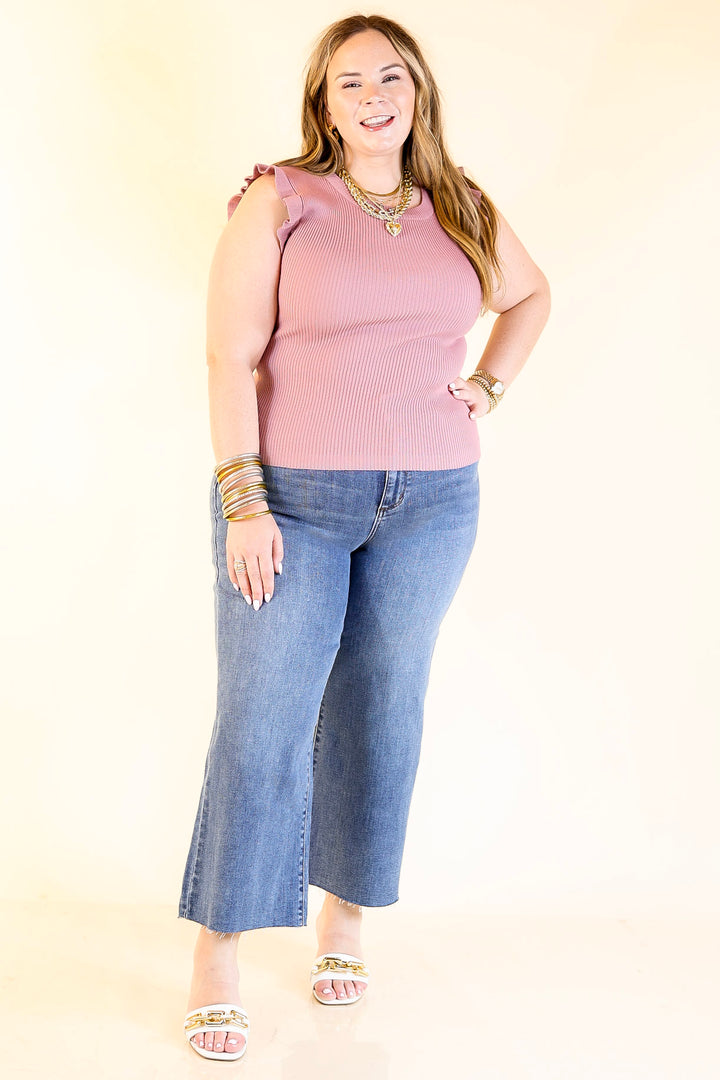 Flirty Frill Scoop Neck Top with Ruffle Sleeves in Mauve Pink