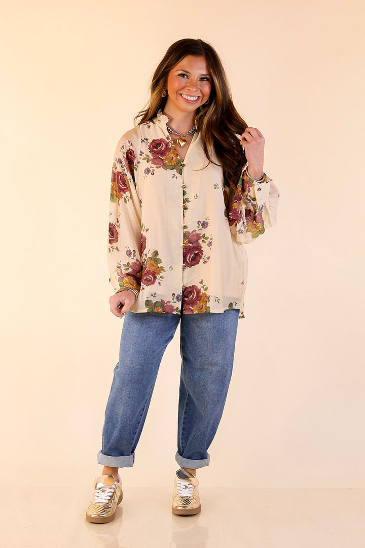 Garden Stroll Floral Long Sleeve Button Down Top in Cream