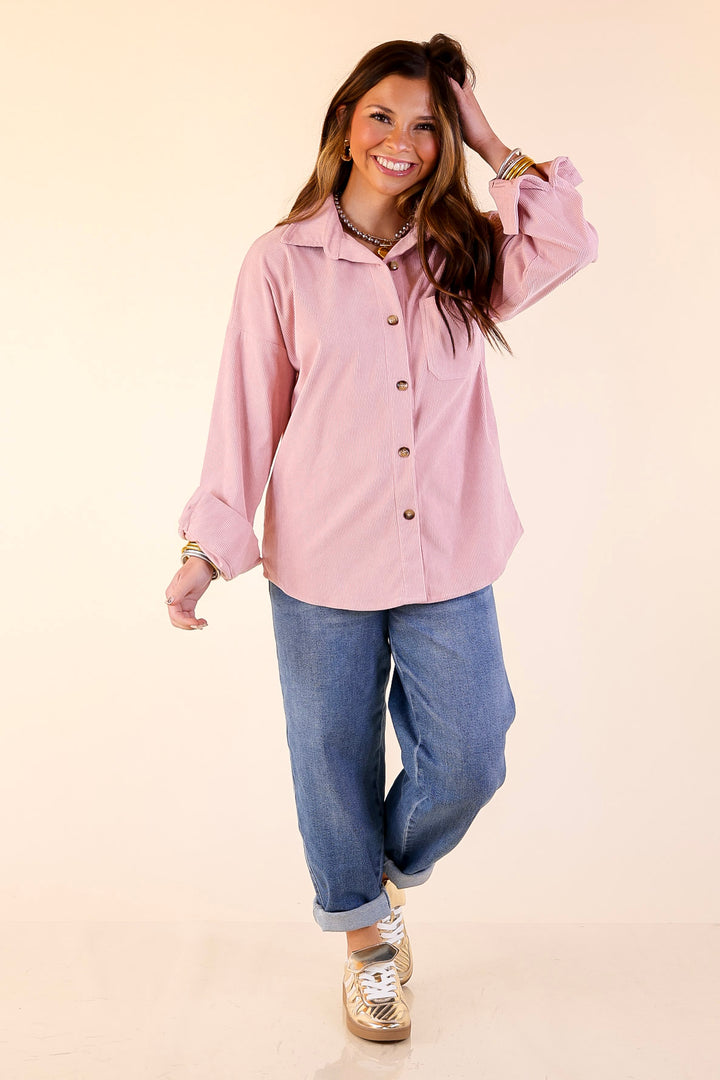 Captivating Cuteness Corduroy Button Up Shacket in Light Pink