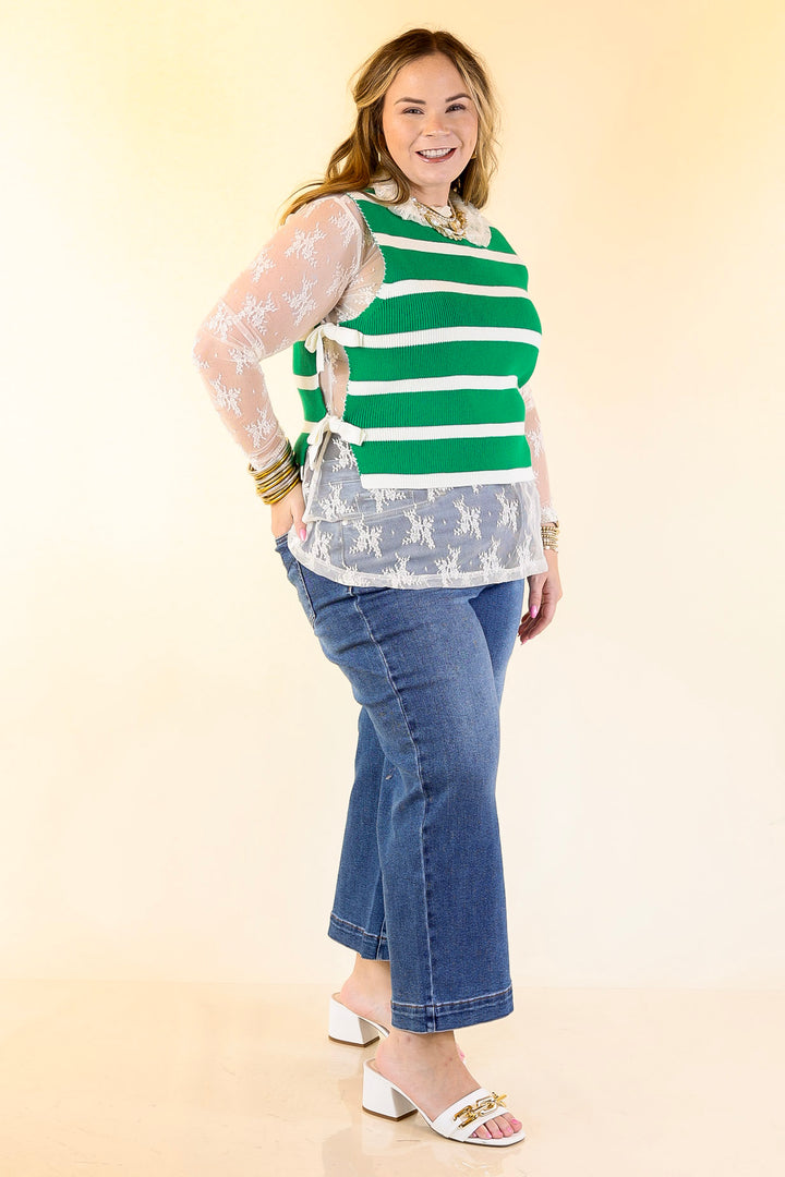 Tied Up in Style Knit Sweater with Side Ties in Kelly Green with Off White Stripes