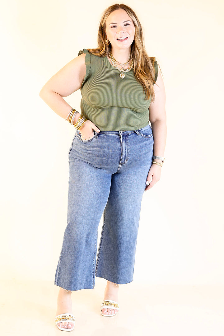 Flirty Frill Scoop Neck Top with Ruffle Sleeves in Olive Green