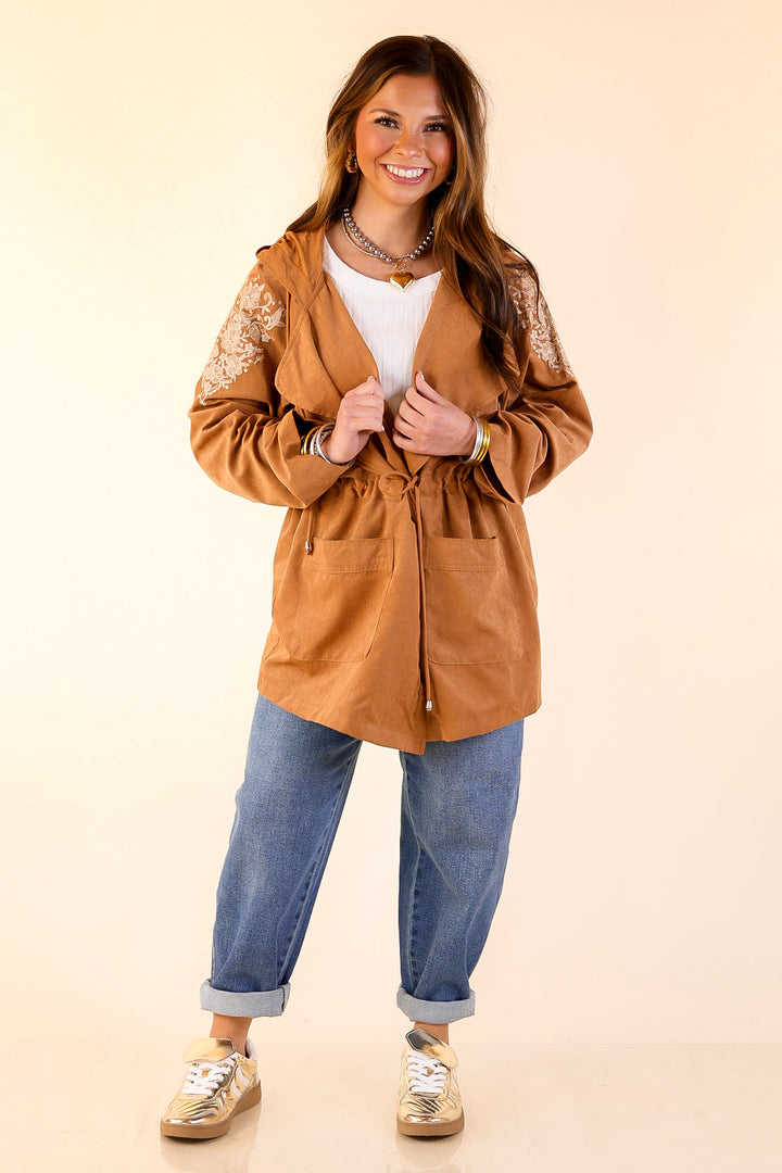 Fill Up Your Cup Embroidered Suede Utility Jacket in Tan