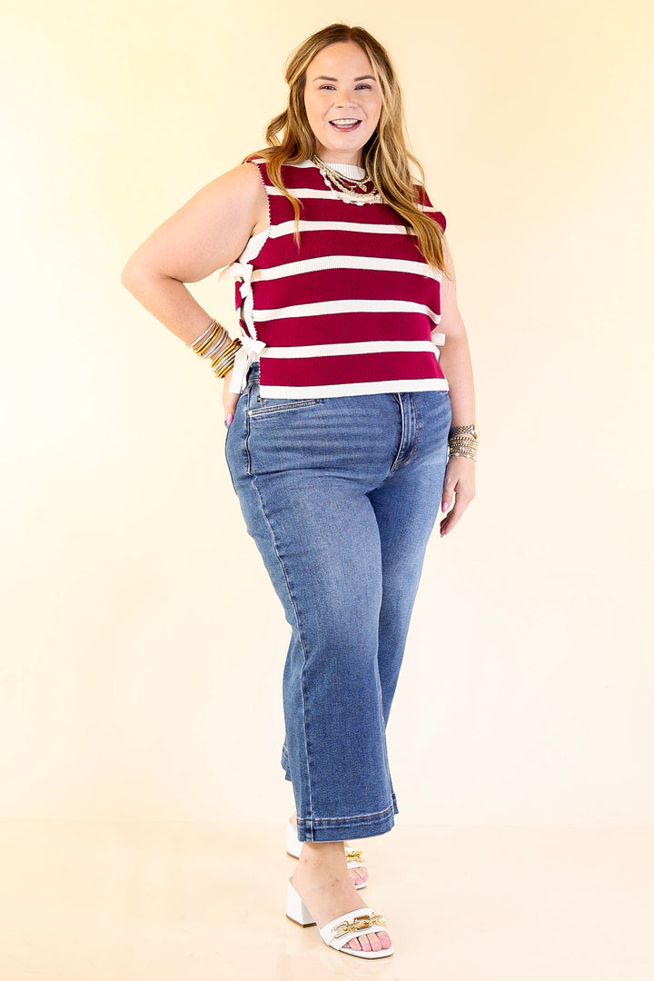 Tied Up in Style Knit Sweater with Side Ties in Maroon with Off White Stripes