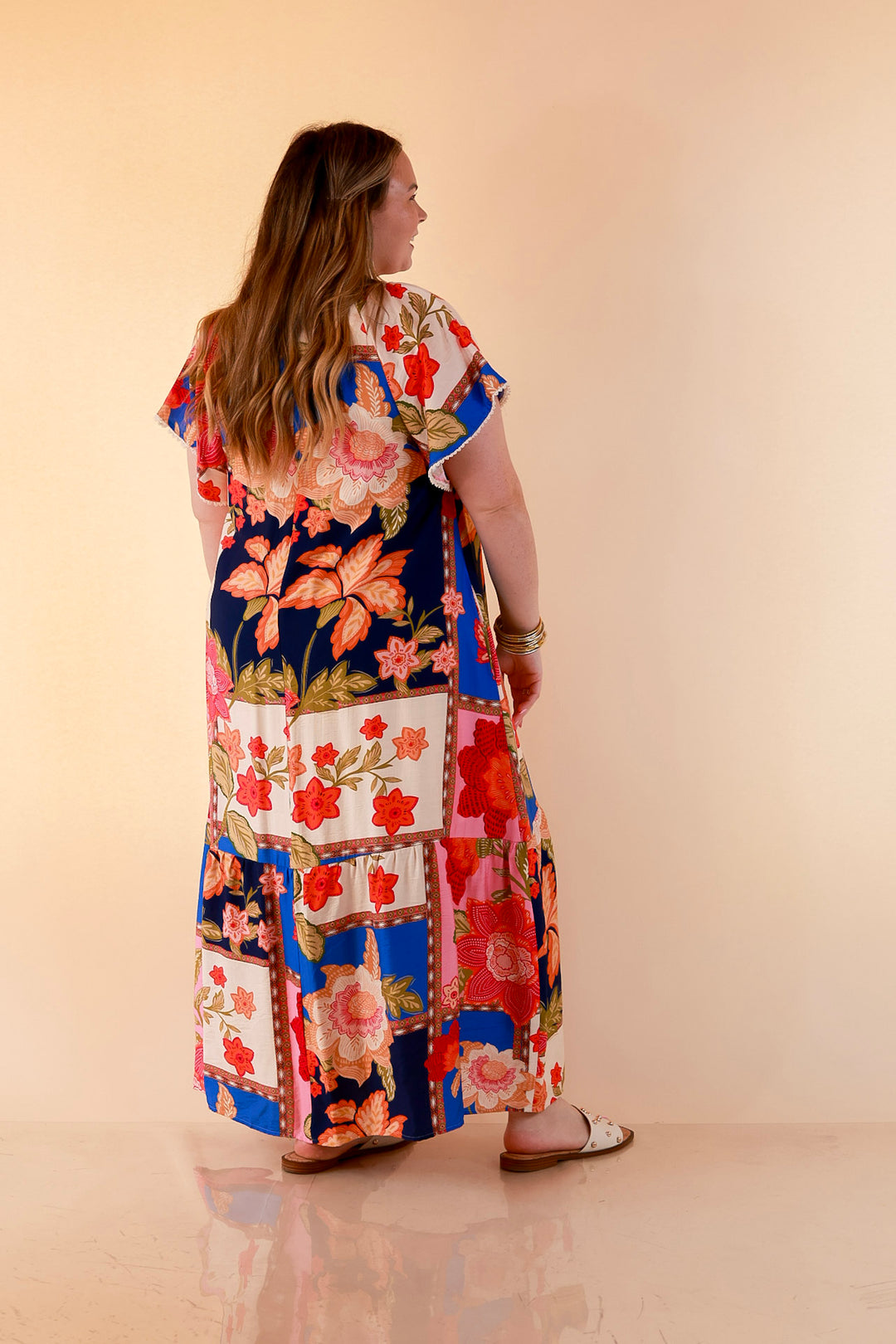 Patchwork Poise Floral Patchwork Print Midi Dress with Tassel Tie Neckline and Flutter Sleeves in Blue Mix