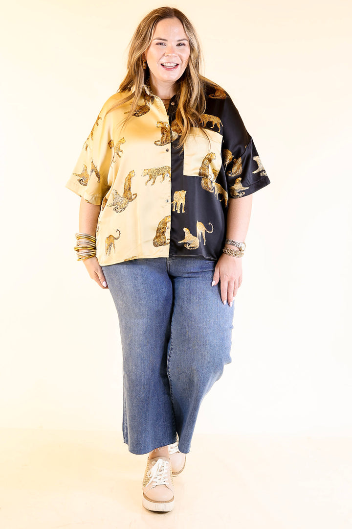 All Eyes On Me Button Up Cheetah Print Blouse Top in Black and Gold