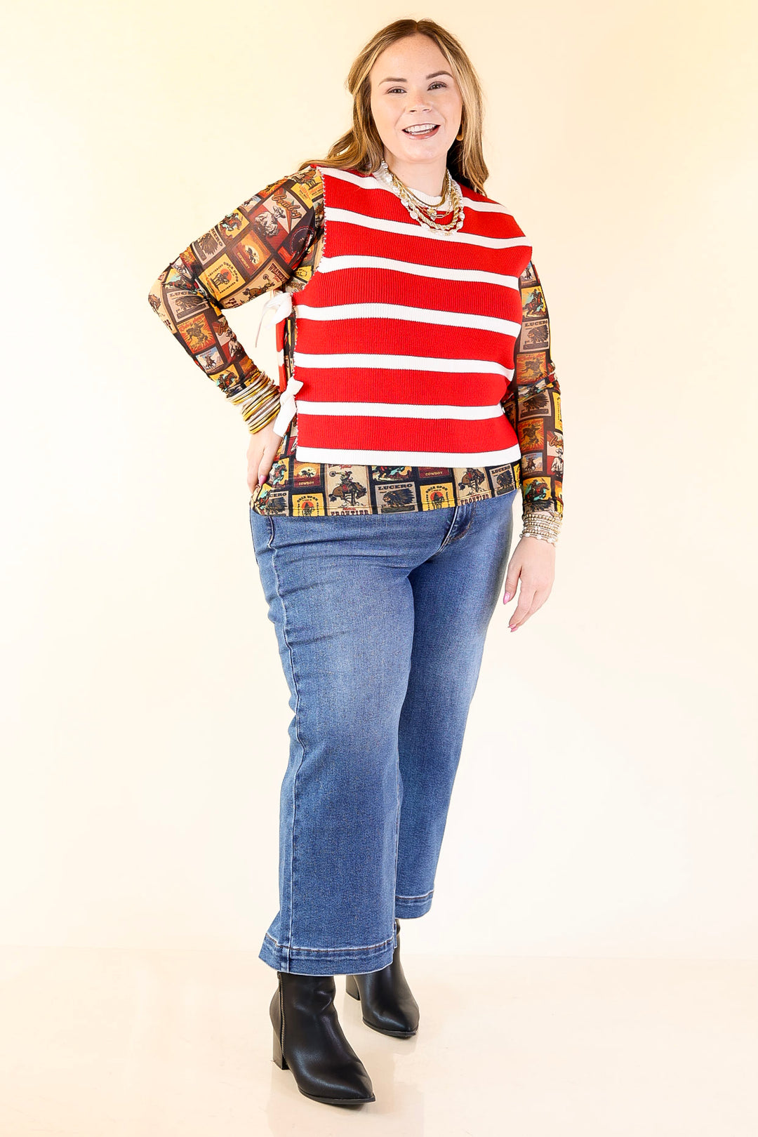 Tied Up in Style Knit Sweater with Side Ties in Red with Off White Stripes