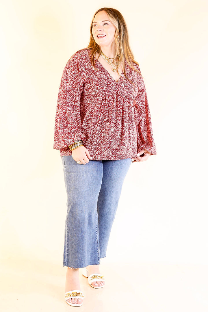 Really Dreamy Small Leopard Print Babydoll Top with Long Sleeves in Burgundy Red