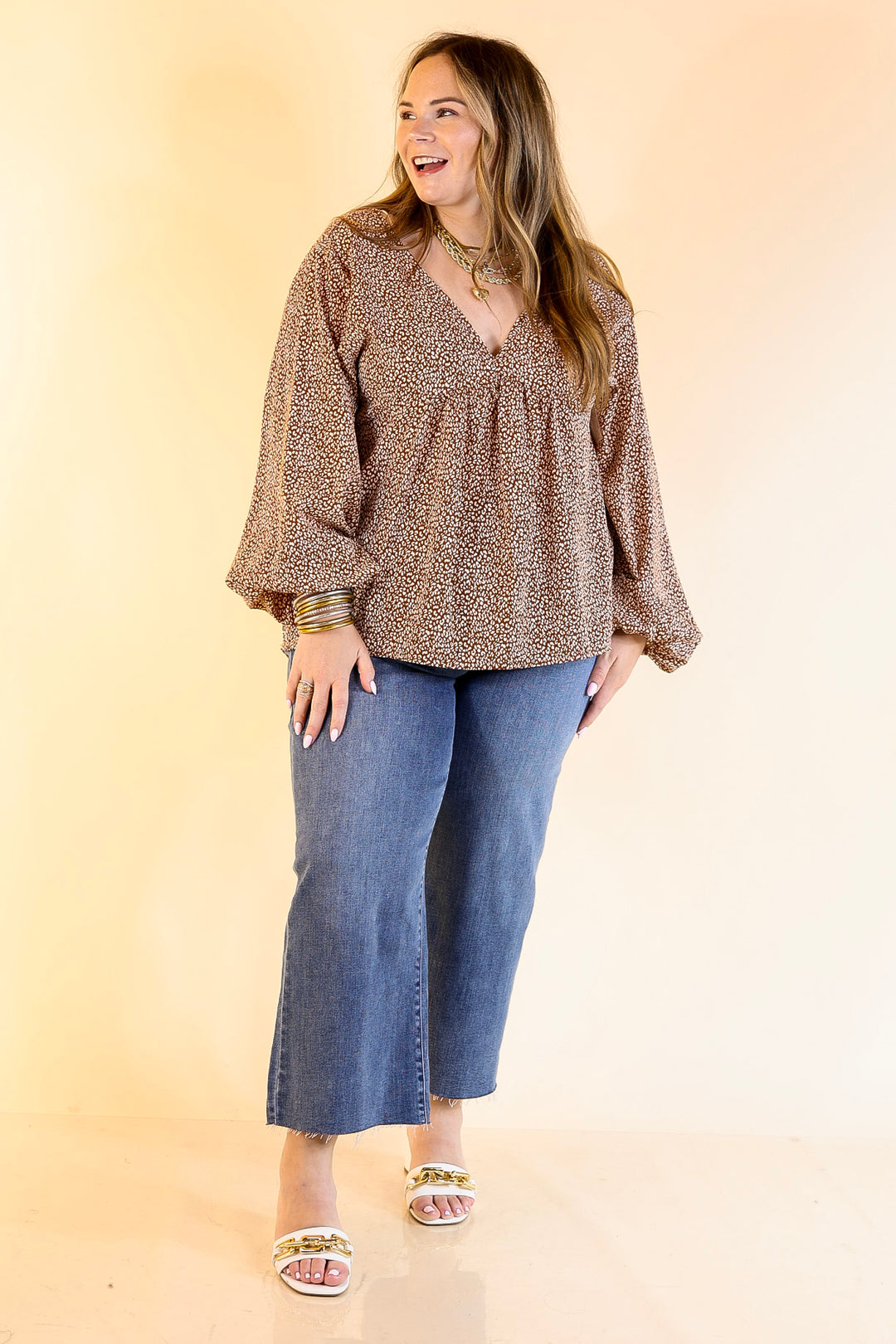 Really Dreamy Small Leopard Print Babydoll Top with Long Sleeves in Brown