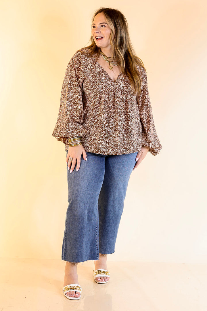 Really Dreamy Small Leopard Print Babydoll Top with Long Sleeves in Brown